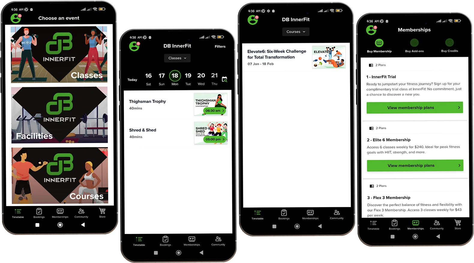 DB InnerFit mobile app screens showing class scheduling, challenges, and membership management